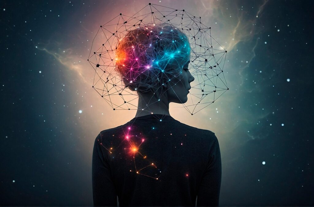 ai generated, brain, galactic, mind, mental, wellbeing, neural, networks, female, figure, cosmic, explore, universe, space, infinity, cosmos, thought, idea, connection, health